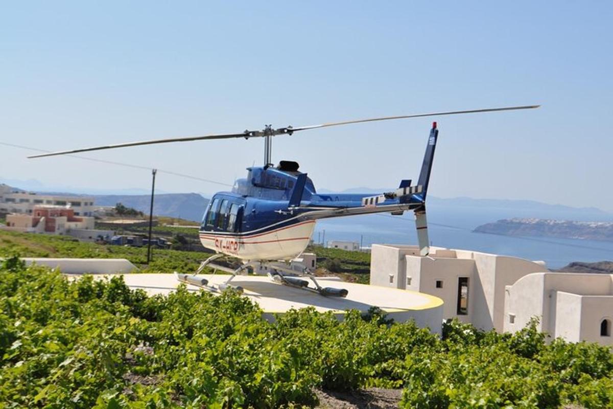 a blue helicopter sitting on top of a building