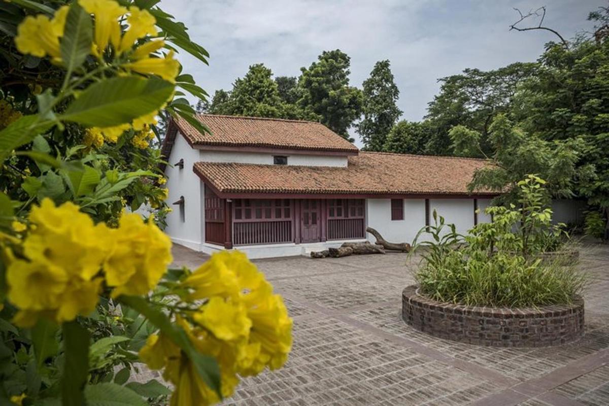 a house with yellow flowers in front of it