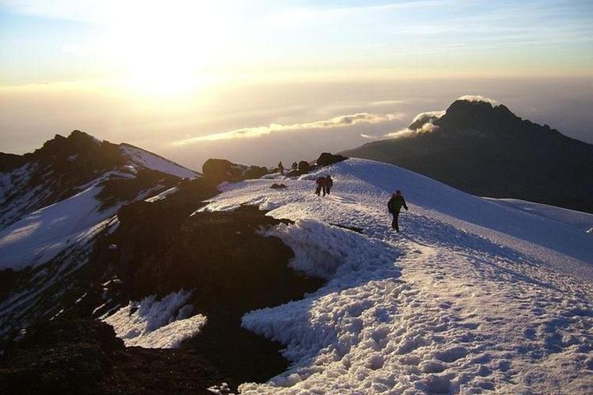 Un grupo de personas en la cima de una montaña cubierta de nieve.