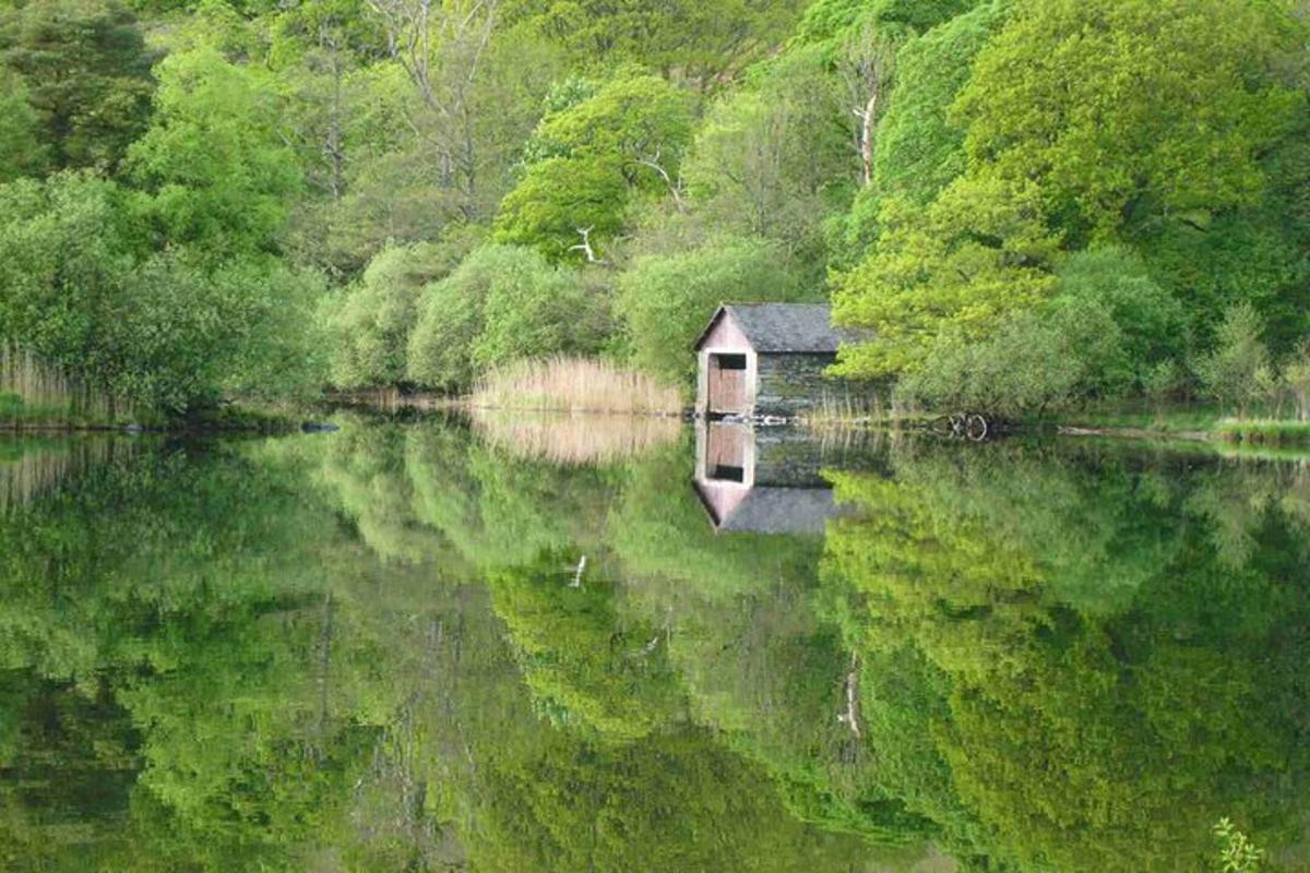 una petita casa de vaixells al mig d'un llac