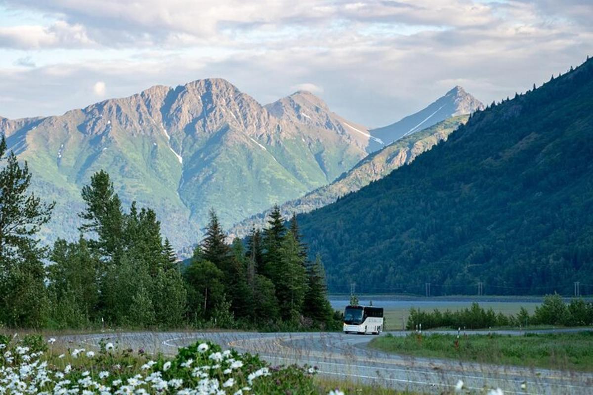 buss sõidab mööda teed, taustal mäed