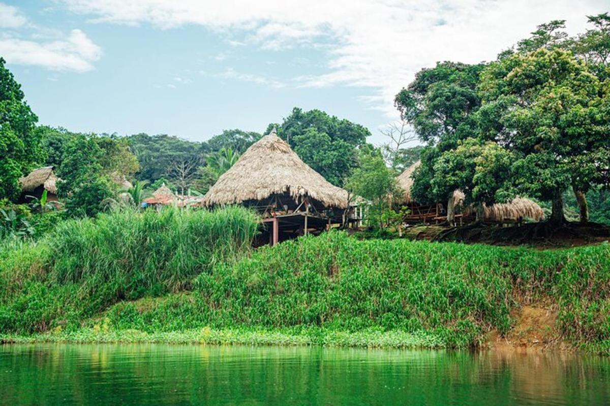 a group of huts next to a body of water