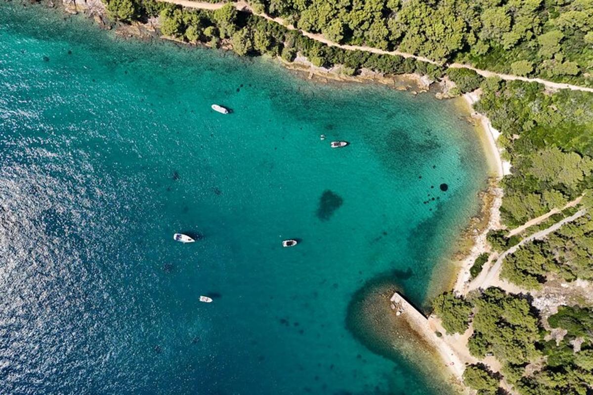 egy légi felvétel egy strandról, ahol csónakok vannak a vízben