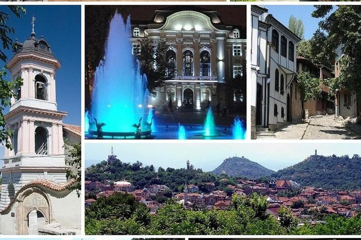a collage of pictures of a building and a fountain