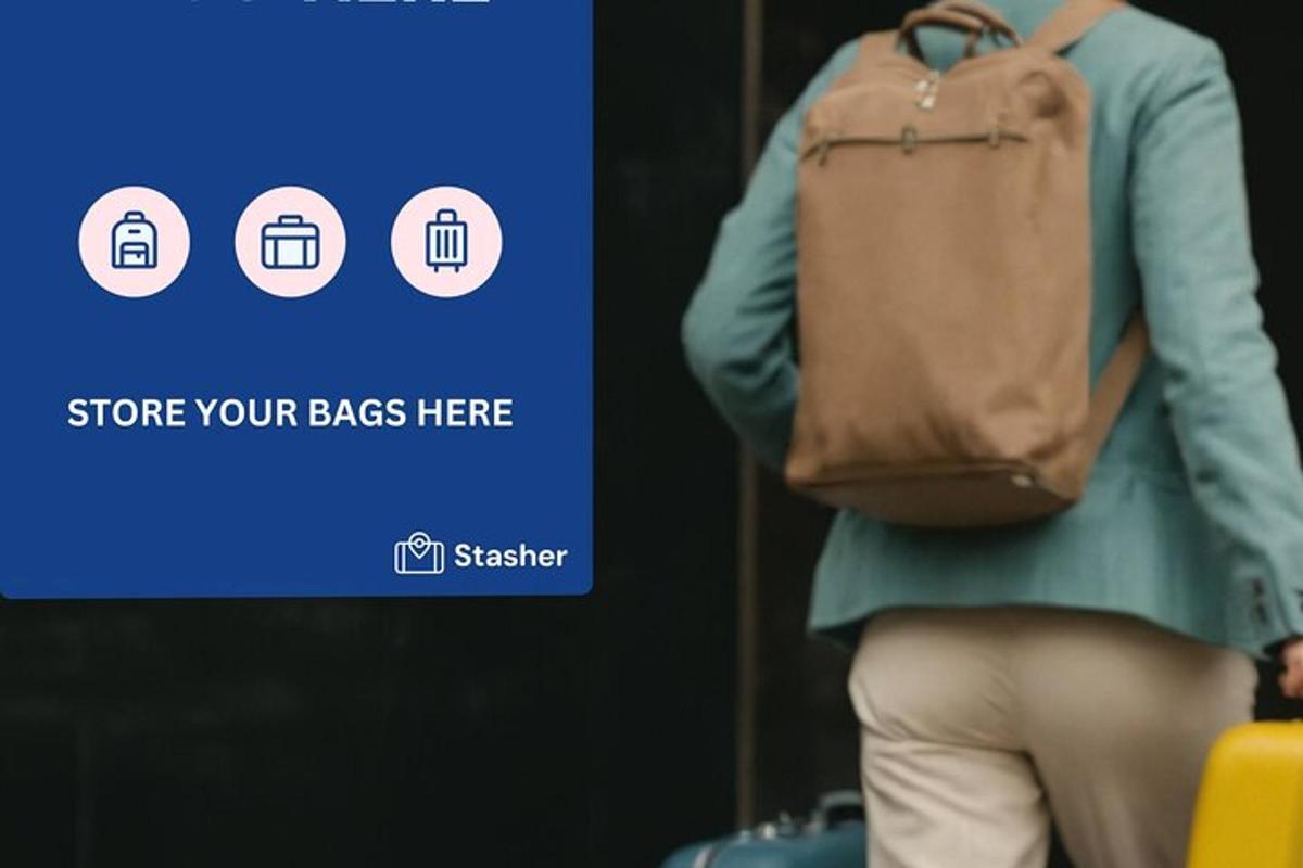 a person with a backpack standing in front of a sign