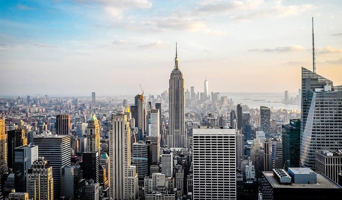 an aerial view of a large city with skyscrapers