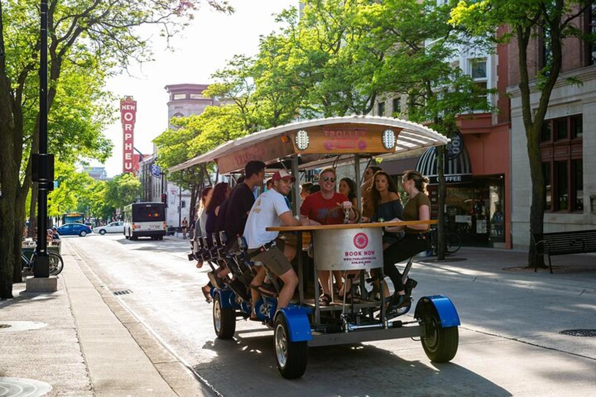 a group of people riding on a food cart