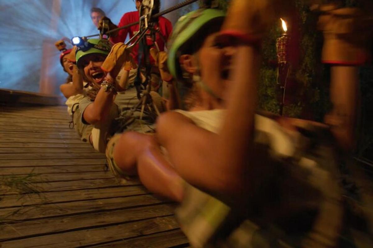 un grupo de niños sentados en un puente de madera