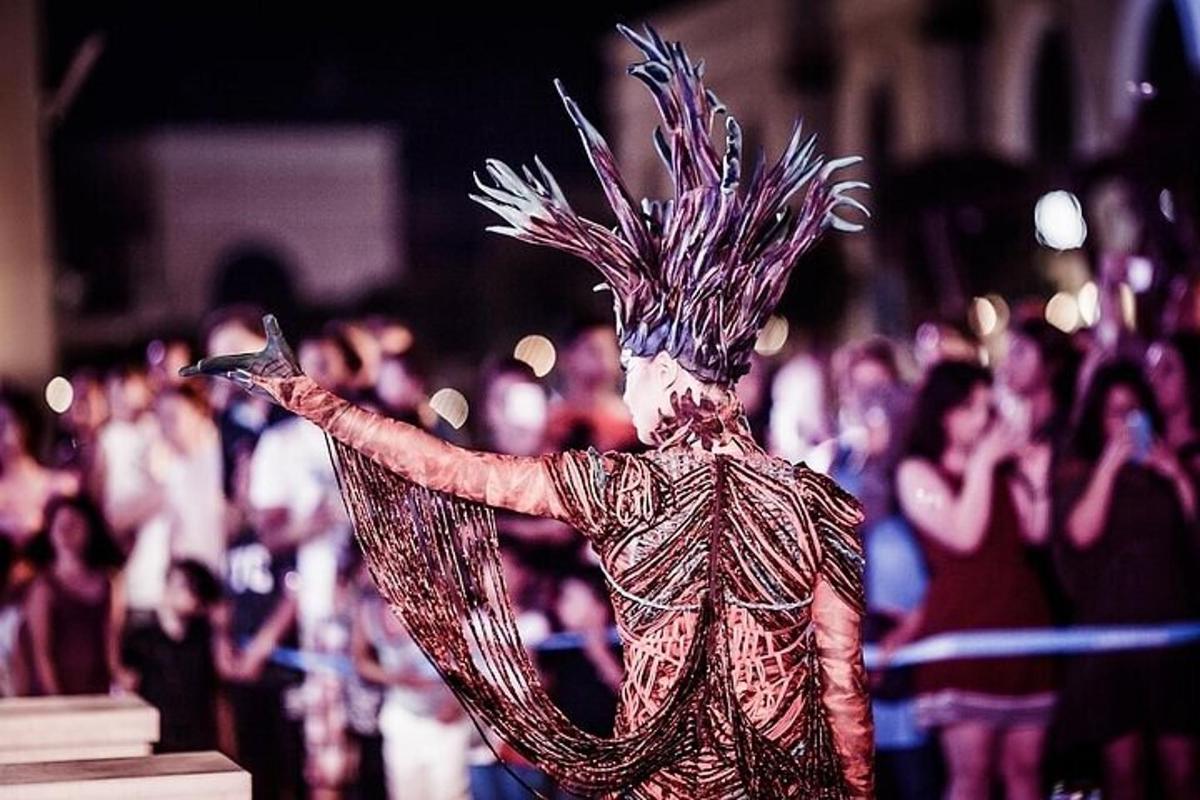 una persona in costume su un palco con una folla