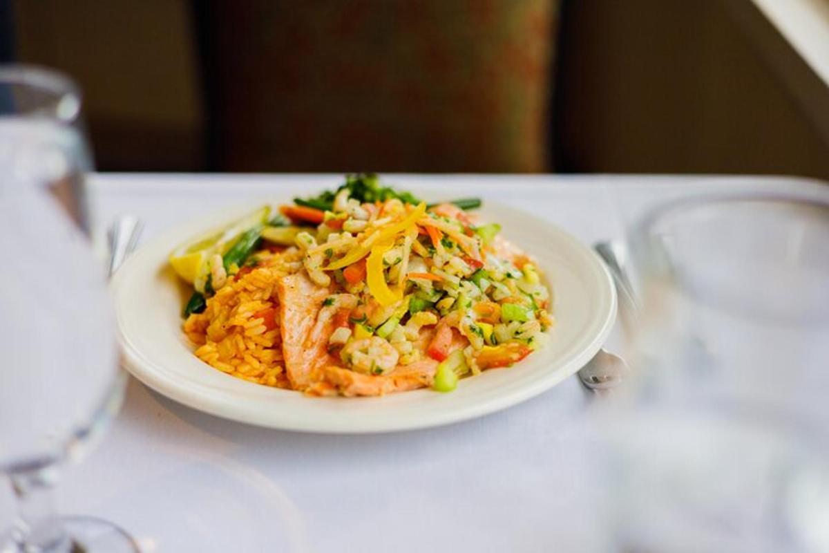 a white plate of food on a table