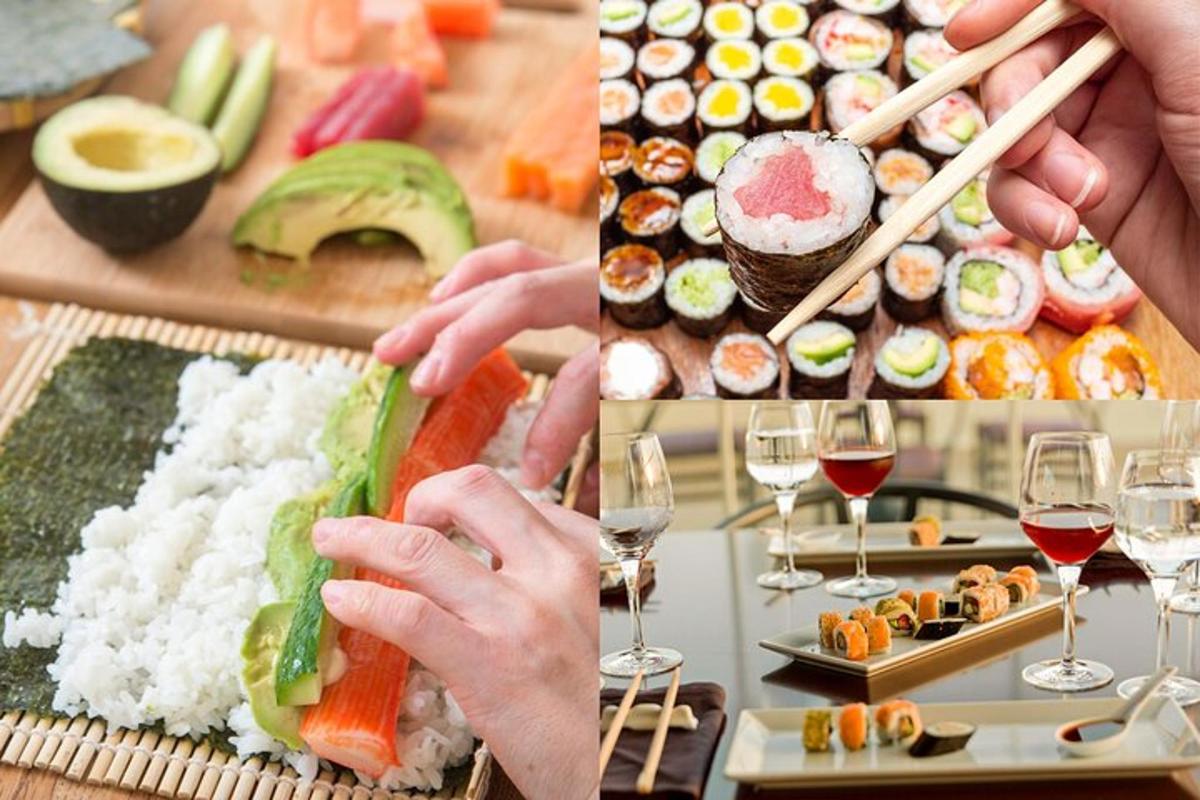 isang grupo ng tatlong larawan ng sushi at mga baso ng alak