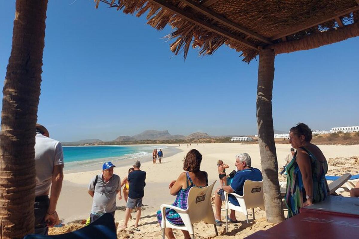 a group of people sitting in chairs on the beach
