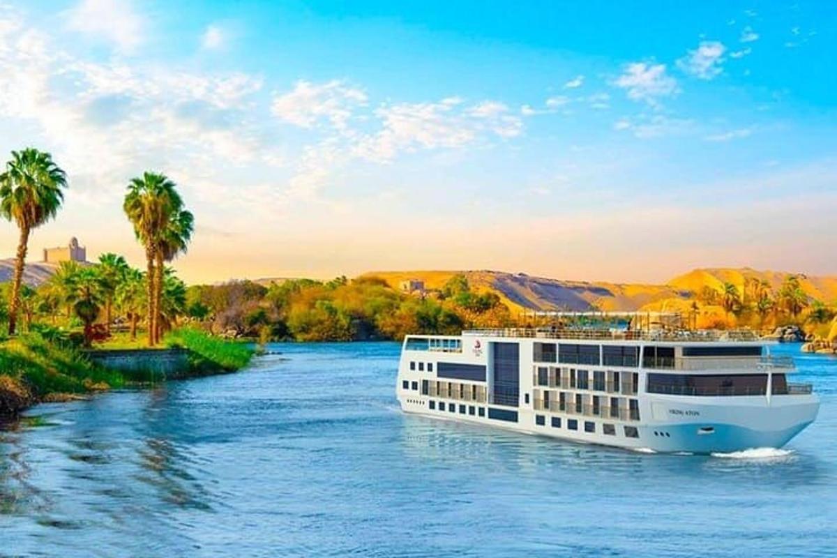 una nave da crociera su un fiume con palme
