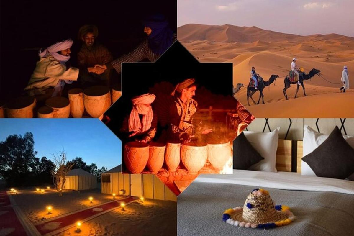 un collage d'images d'un désert avec un lit et des gens