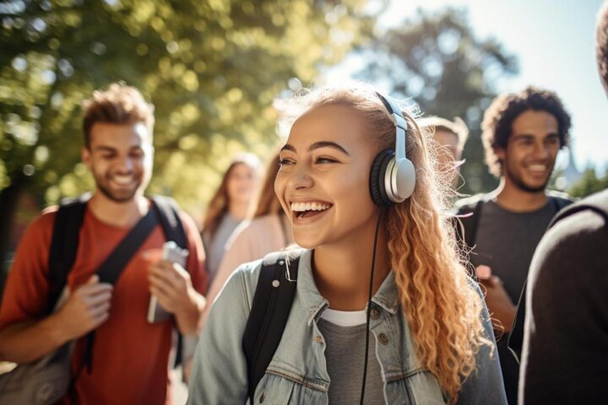 Un grupo de personas caminando con auriculares puestos