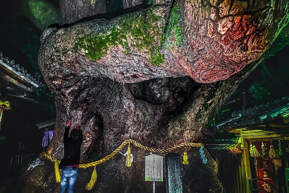 una persona in piedi davanti a un albero finto