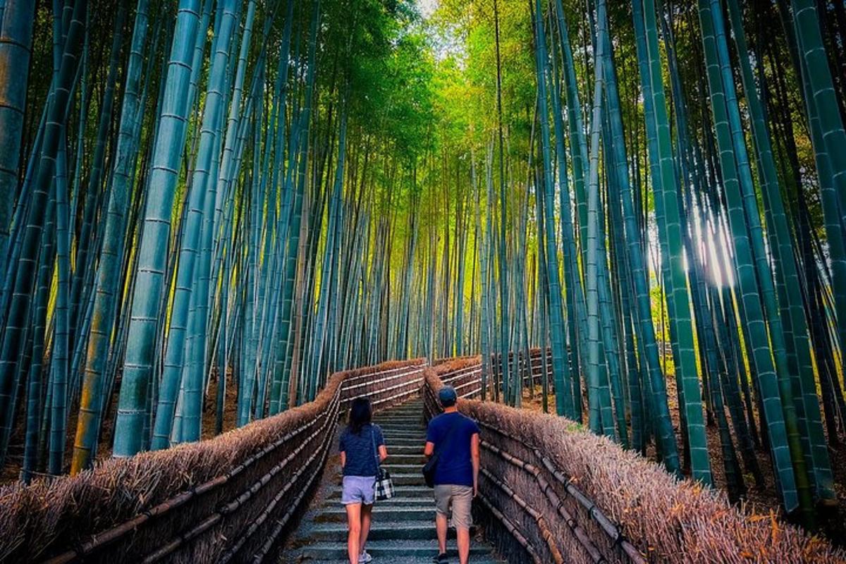 duas pessoas atravessando uma ponte em uma floresta de bambu