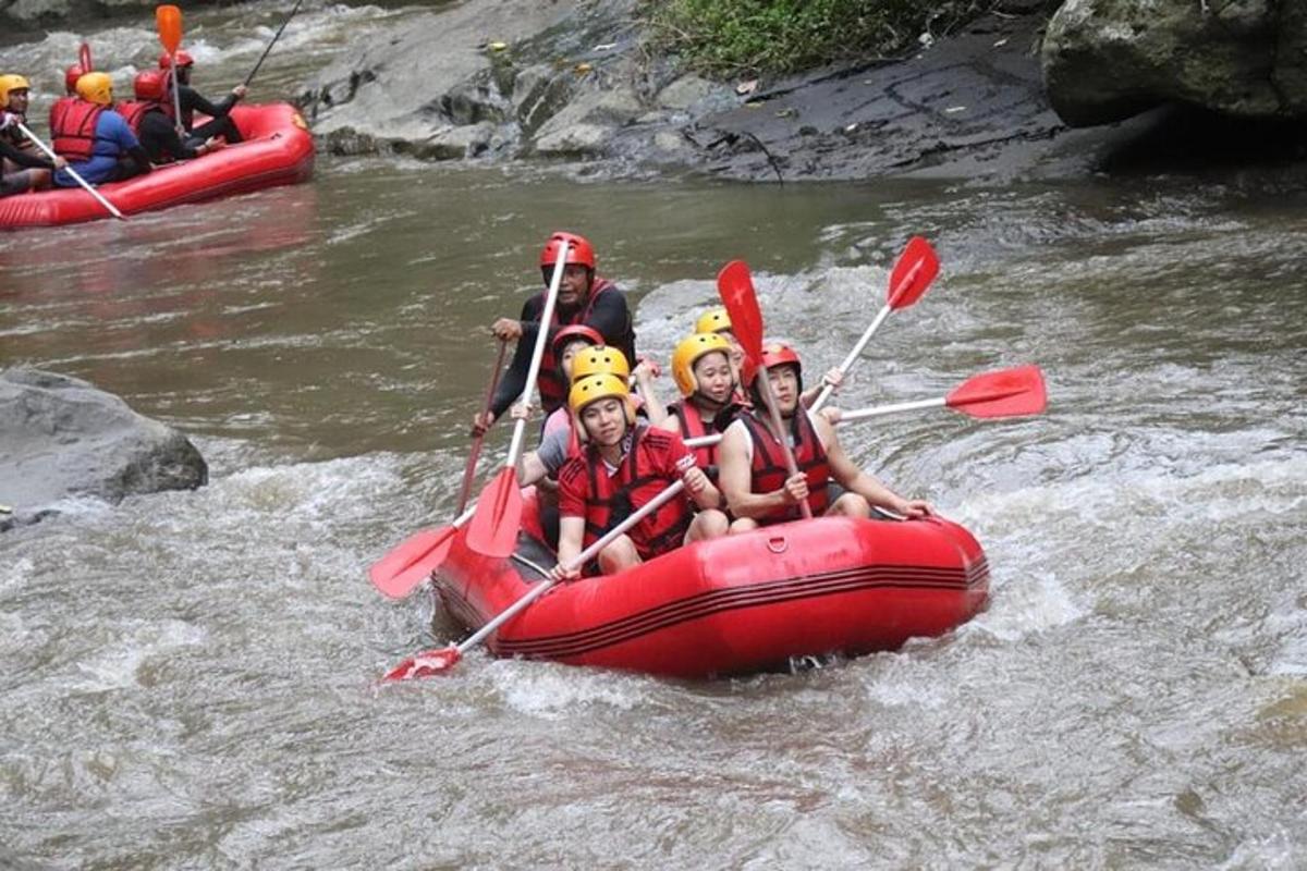 a group of people in a raft on a river