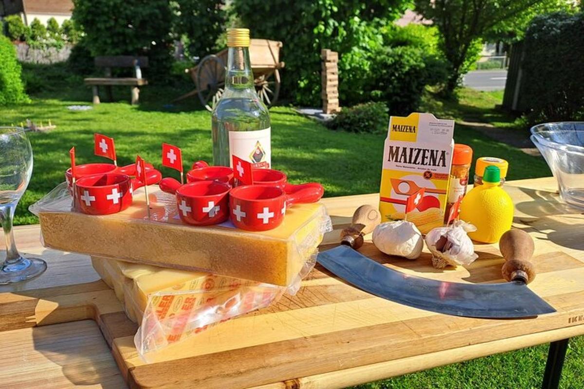 a table with a cutting board with a bottle of wine