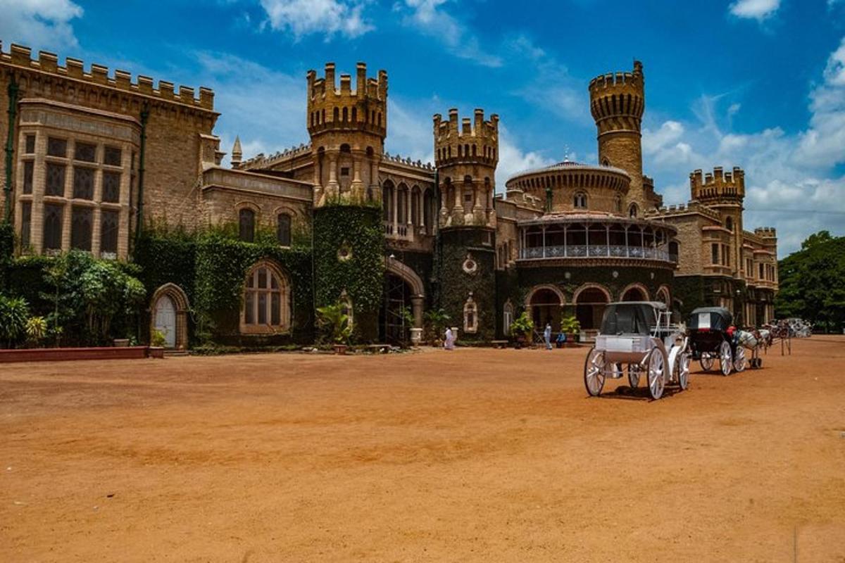 a horse drawn carriage parked in front of a castle