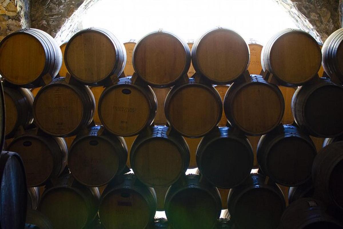 o grămadă de butoaie de vin stivuite într-o pivniță
