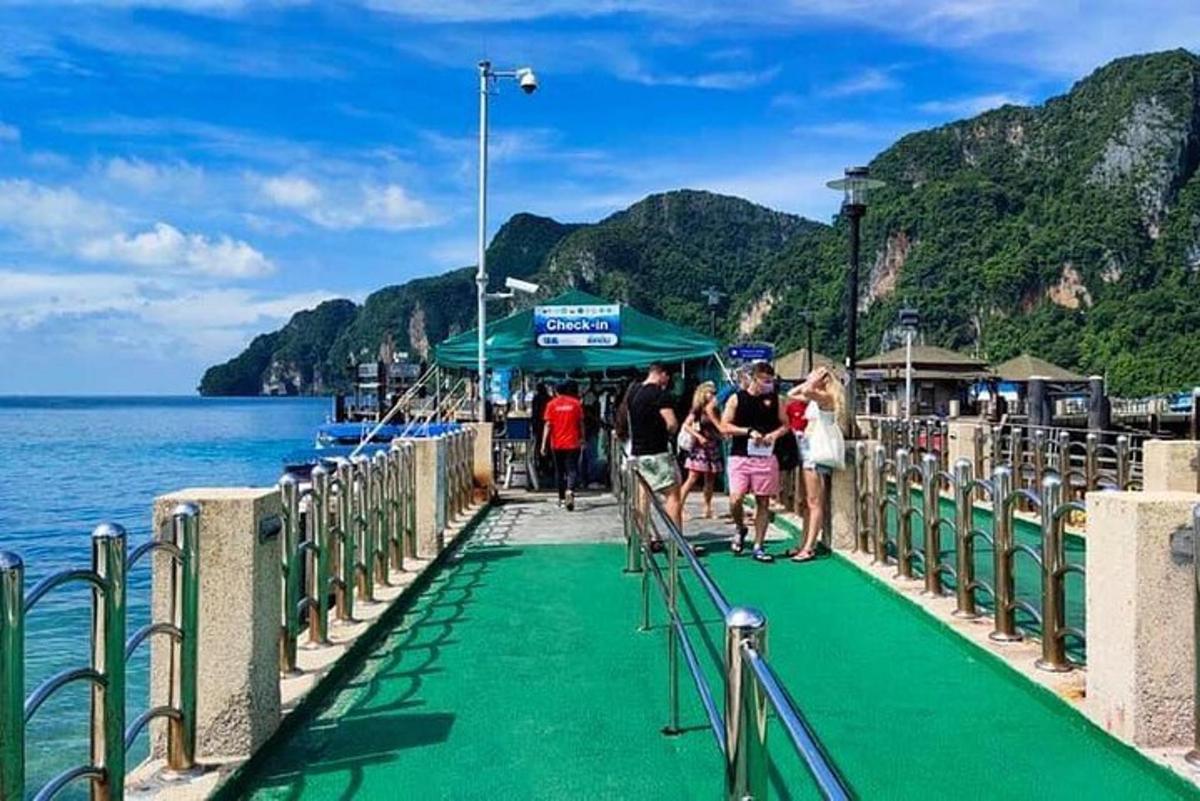 a group of people walking on a pier near the water
