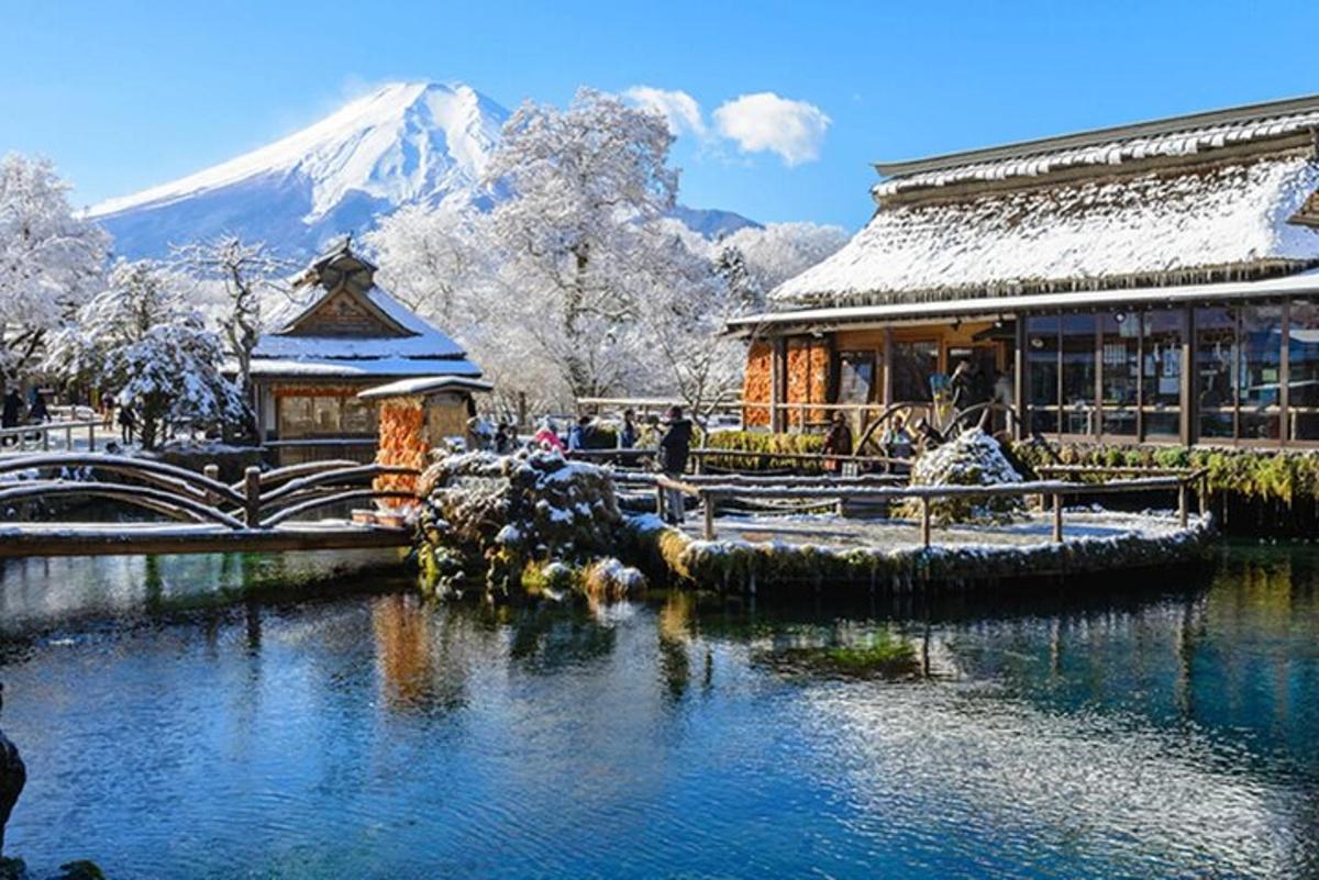 一座建筑和一个池塘，还有一座白雪覆盖的山