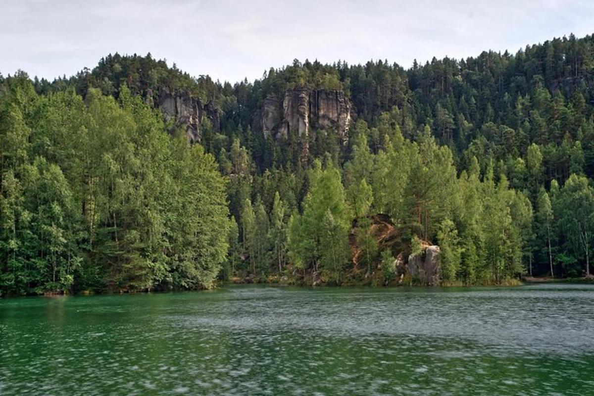 jezero se stromy a horou v pozadí