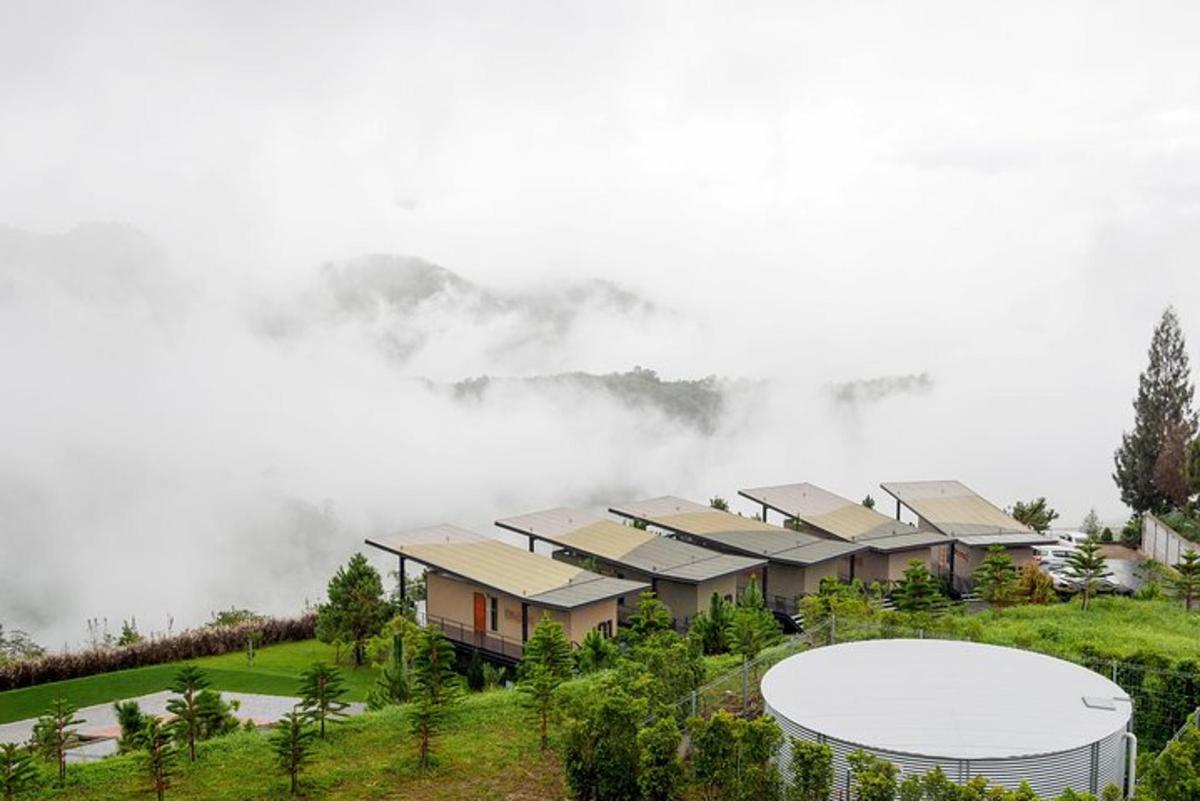 una casa en una colina con niebla al fondo