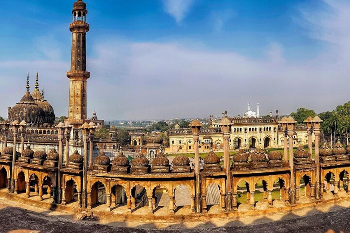 a view of a mosque with a tall tower