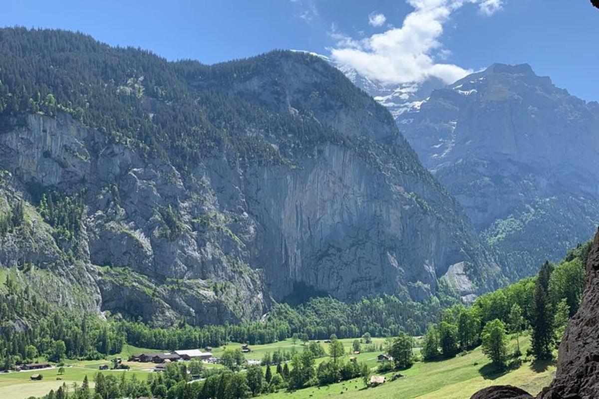 una catena montuosa con un campo verde e alberi
