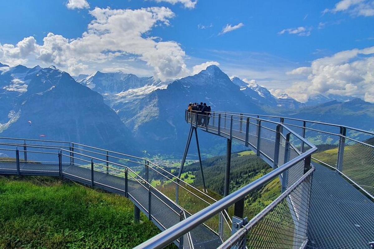 a train on top of a viewing platform in the mountains