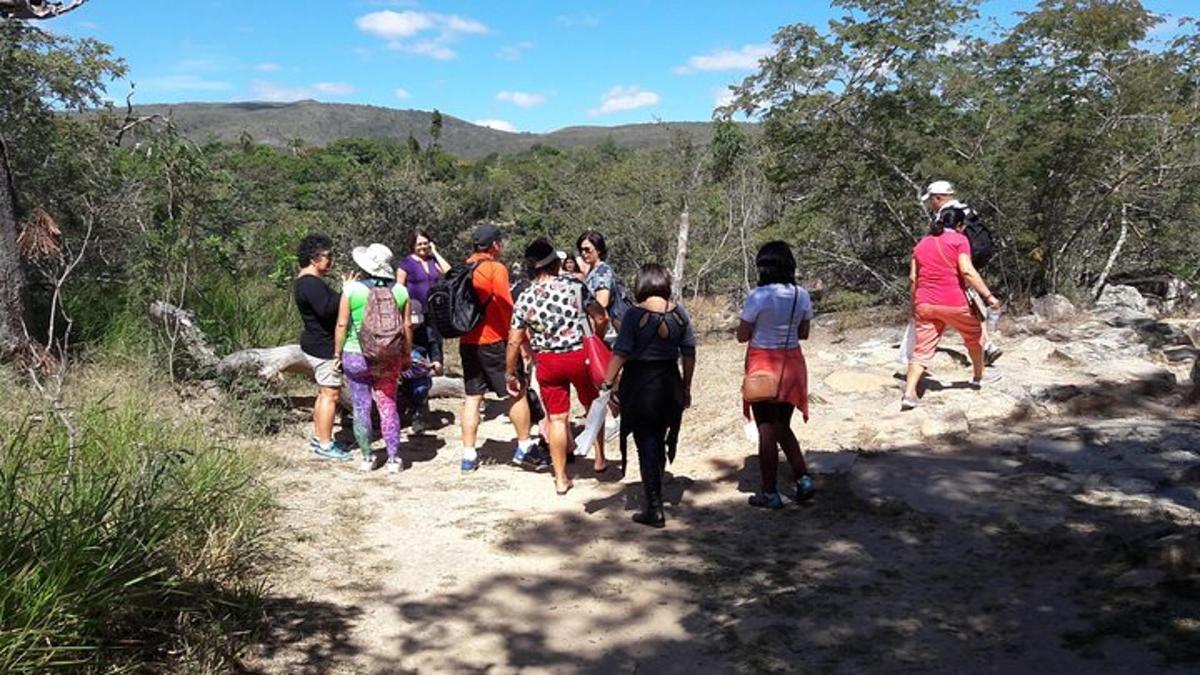 a group of people walking down a dirt trail