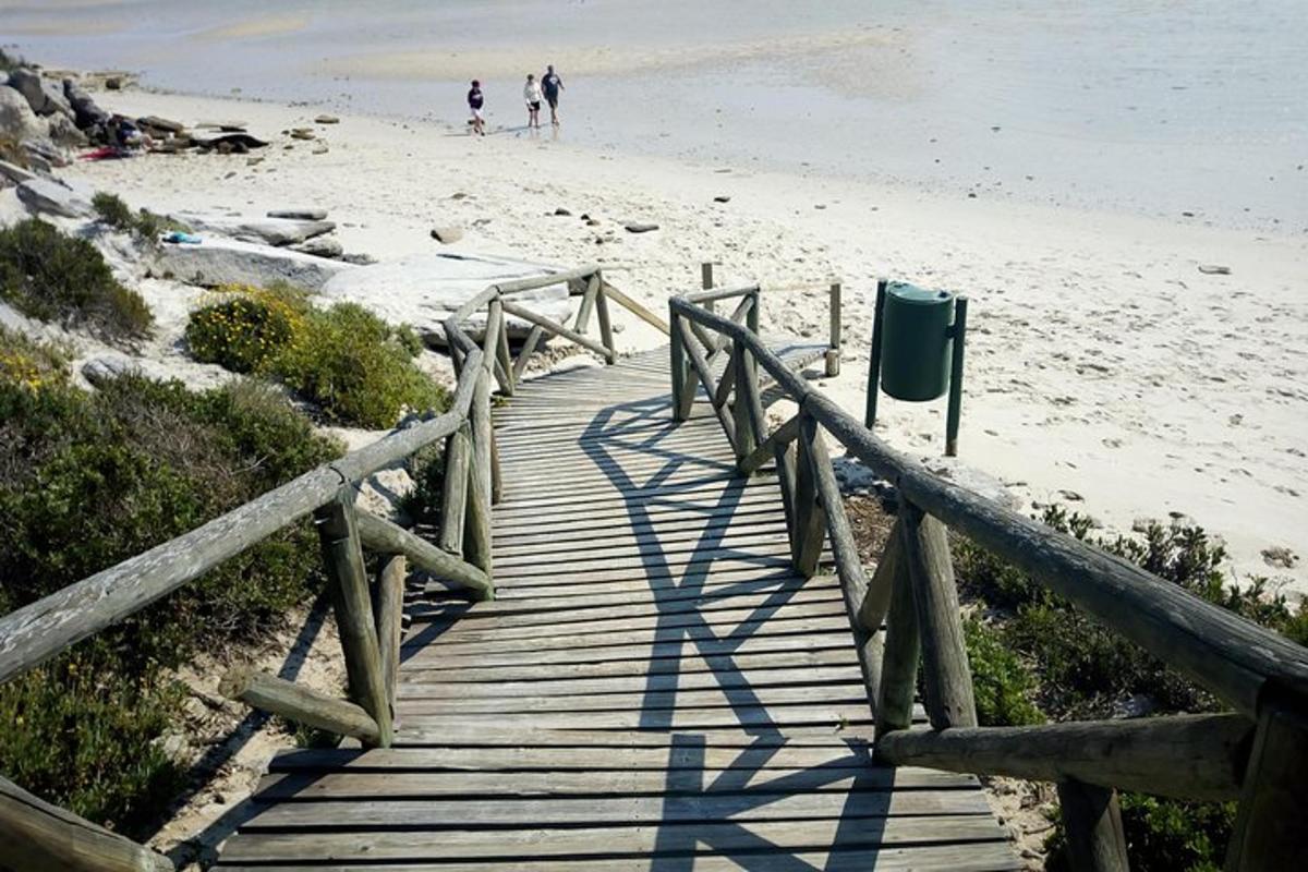 uma passarela de madeira para uma praia com pessoas caminhando na areia