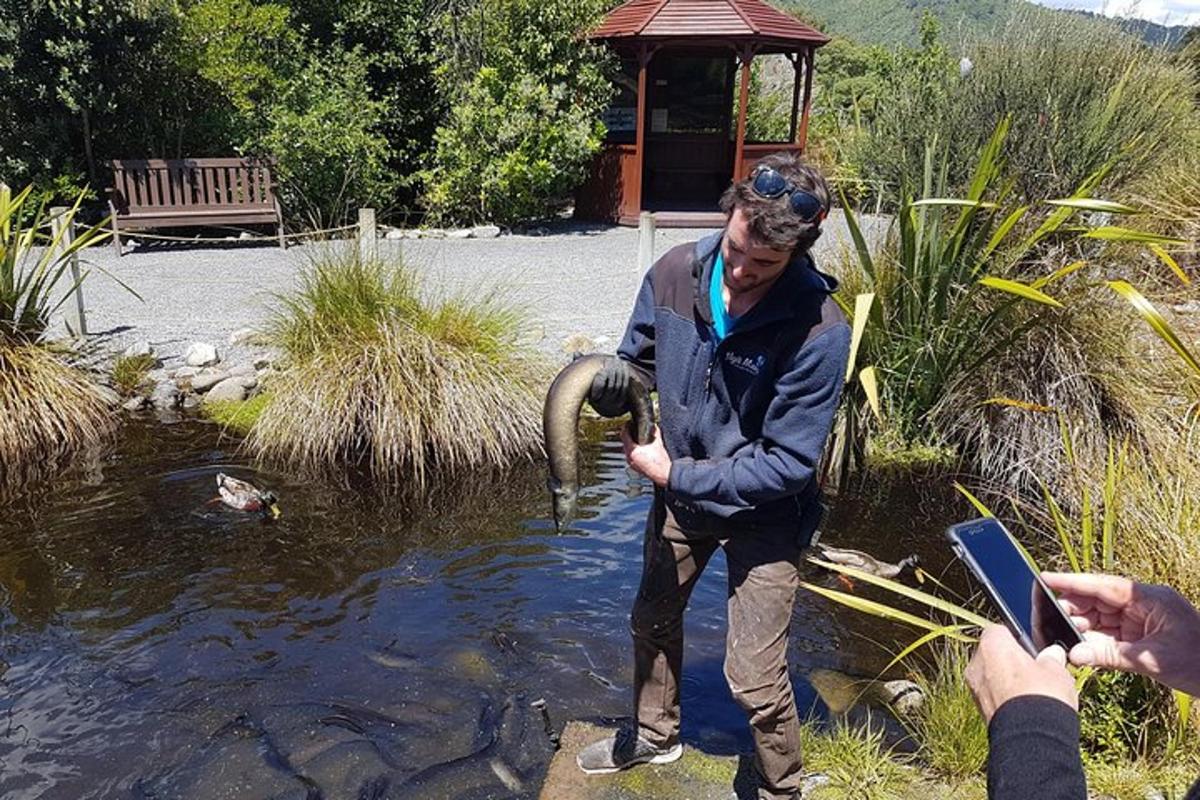 a man standing in the water in a pond