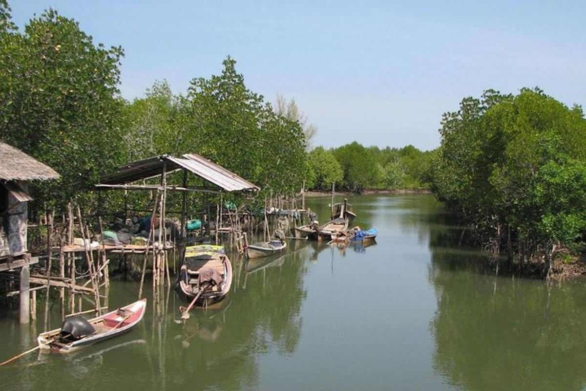 a group of boats are docked on a river