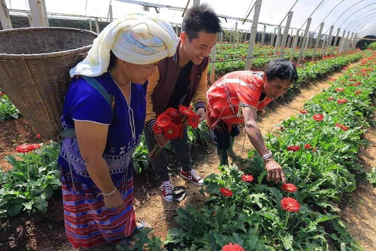 two men and a woman working in a garden