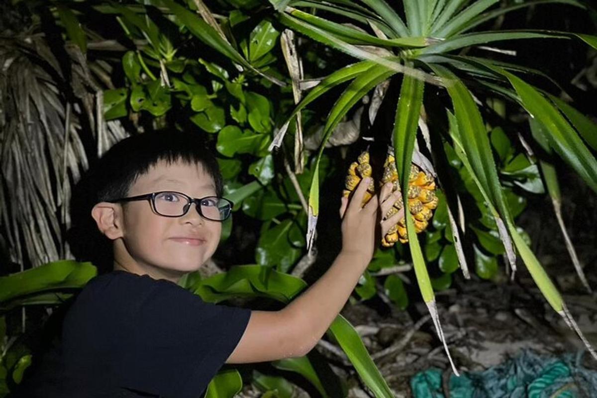 a young boy holding a bunch of bananas on a tree