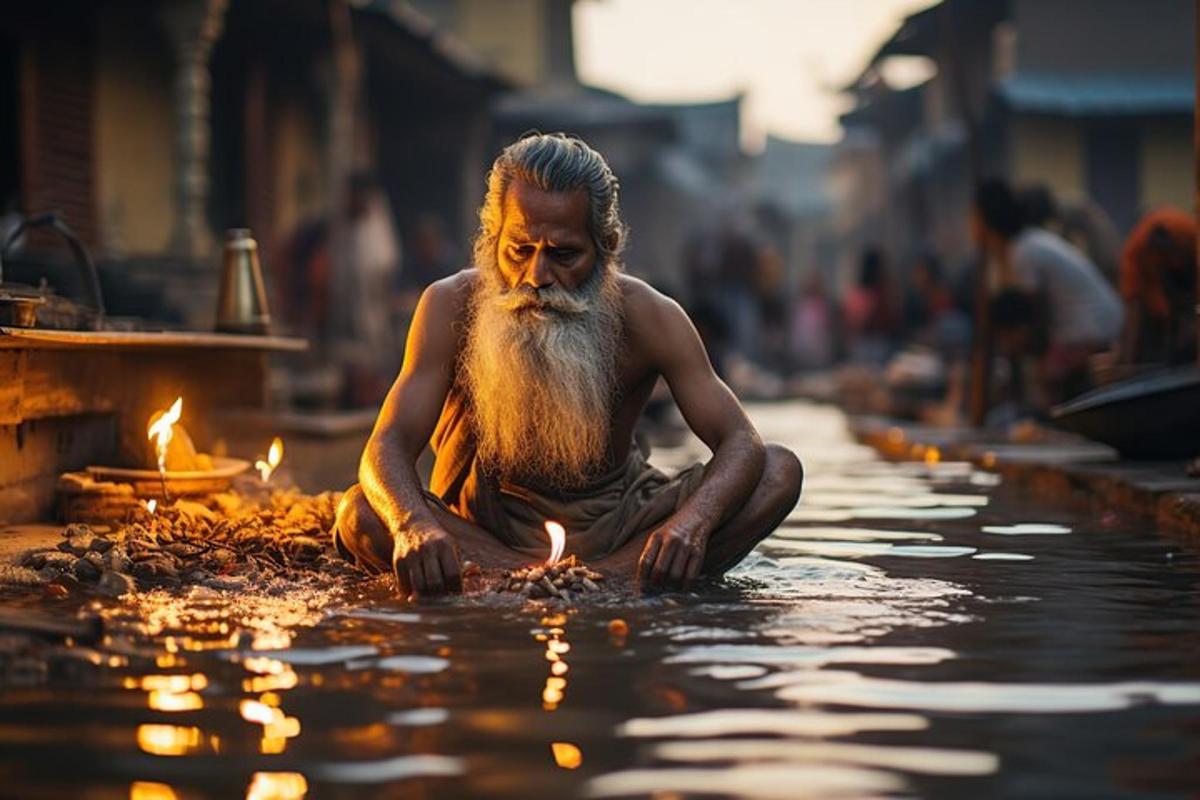 a man with a beard sitting in the water