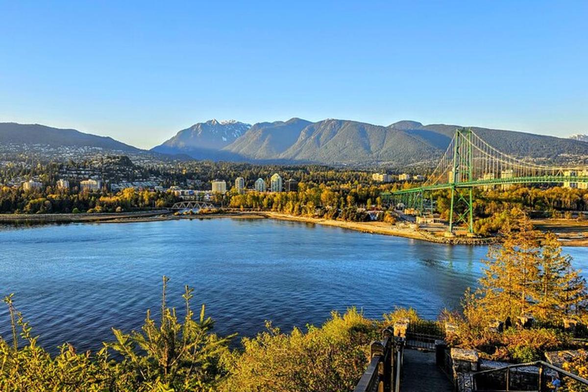 a view of a river with a bridge in the background
