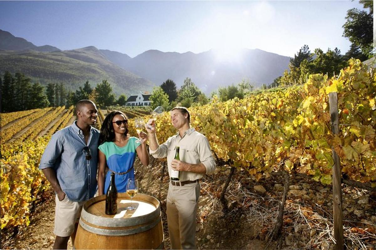 a group of people standing in a vineyard with a barrel