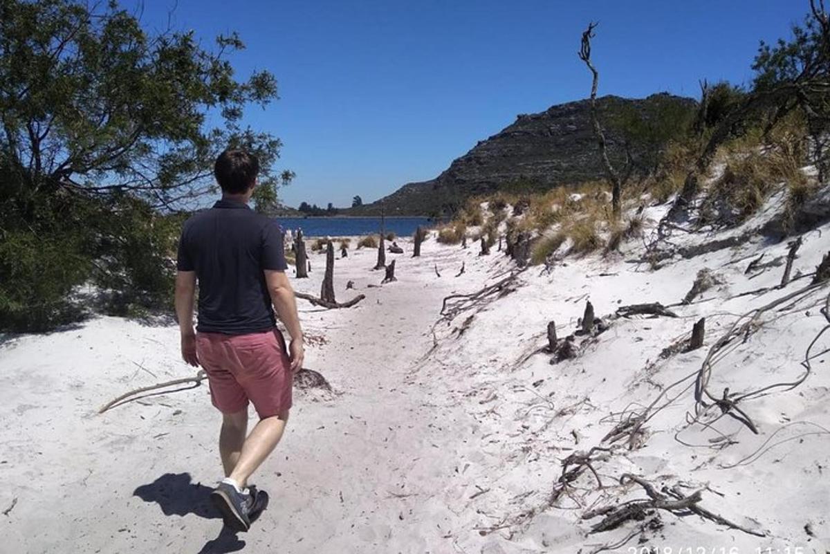 un hombre caminando por una playa de arena
