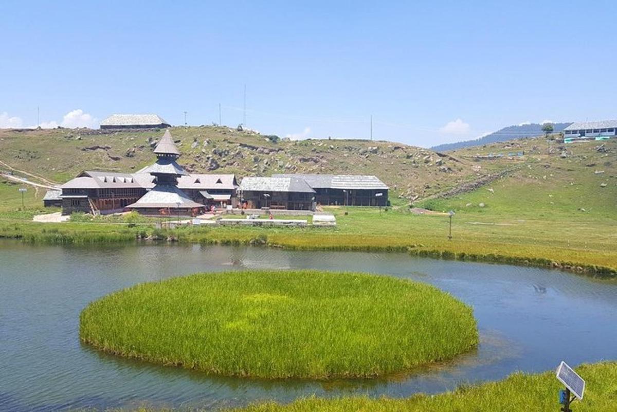 a small green island in the middle of a lake