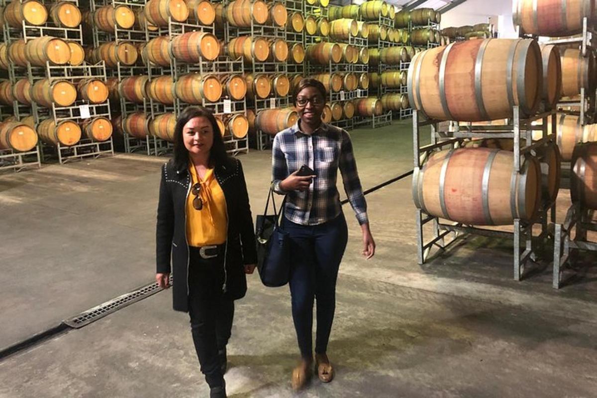 un uomo e una donna che camminano in una cantina vinicola