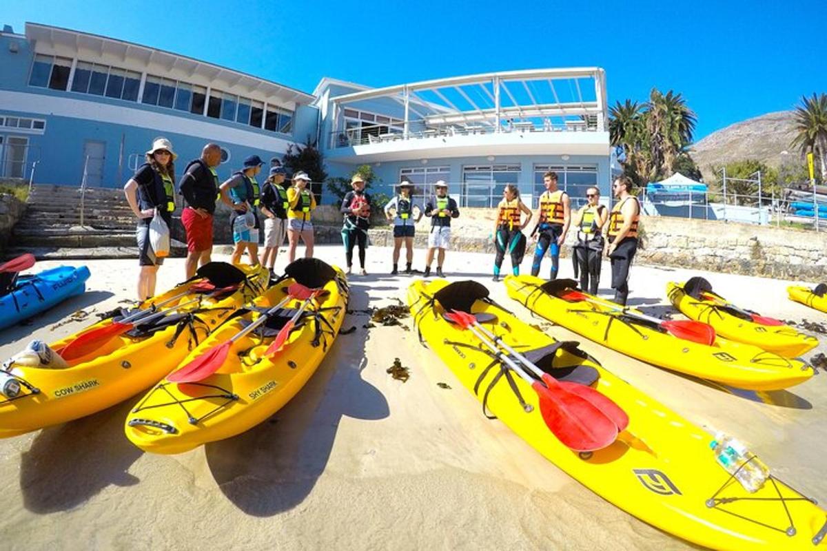 Un grupo de personas de pie junto a kayaks en una playa.