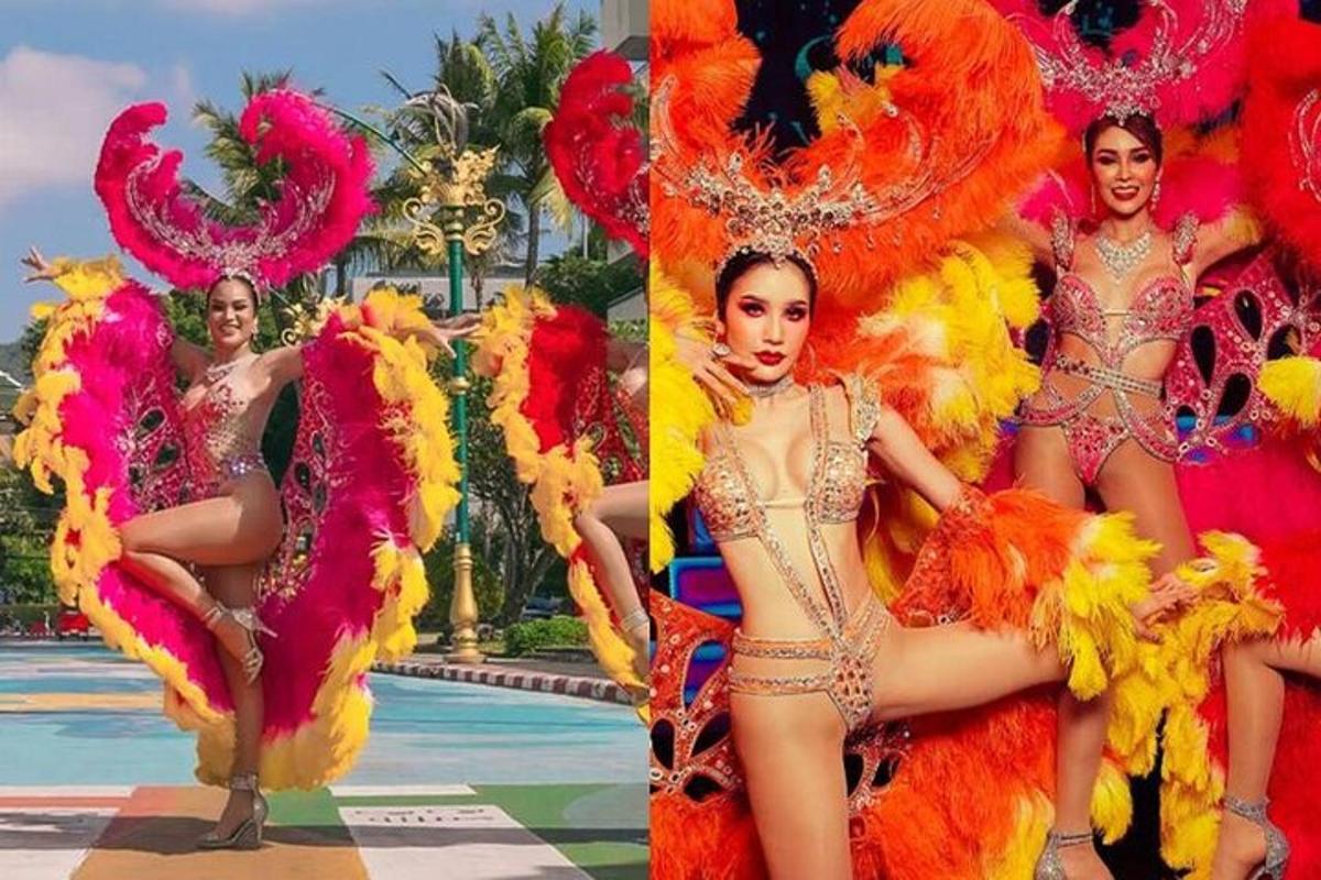 dues imatges de dones amb vestits elaborats a la vora d'una piscina