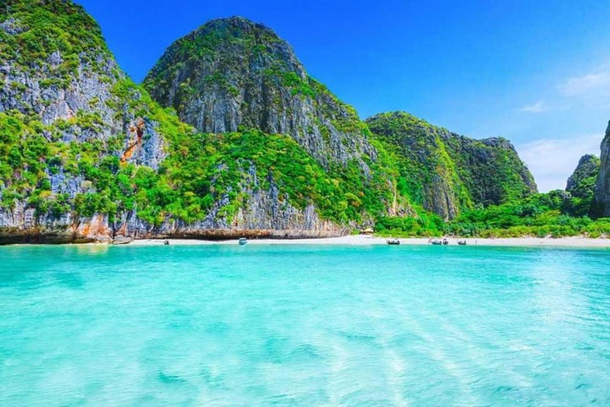 una vista di una spiaggia con le montagne sullo sfondo