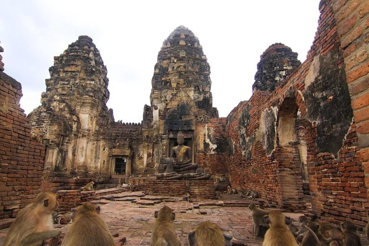 a group of monkeys standing around a building
