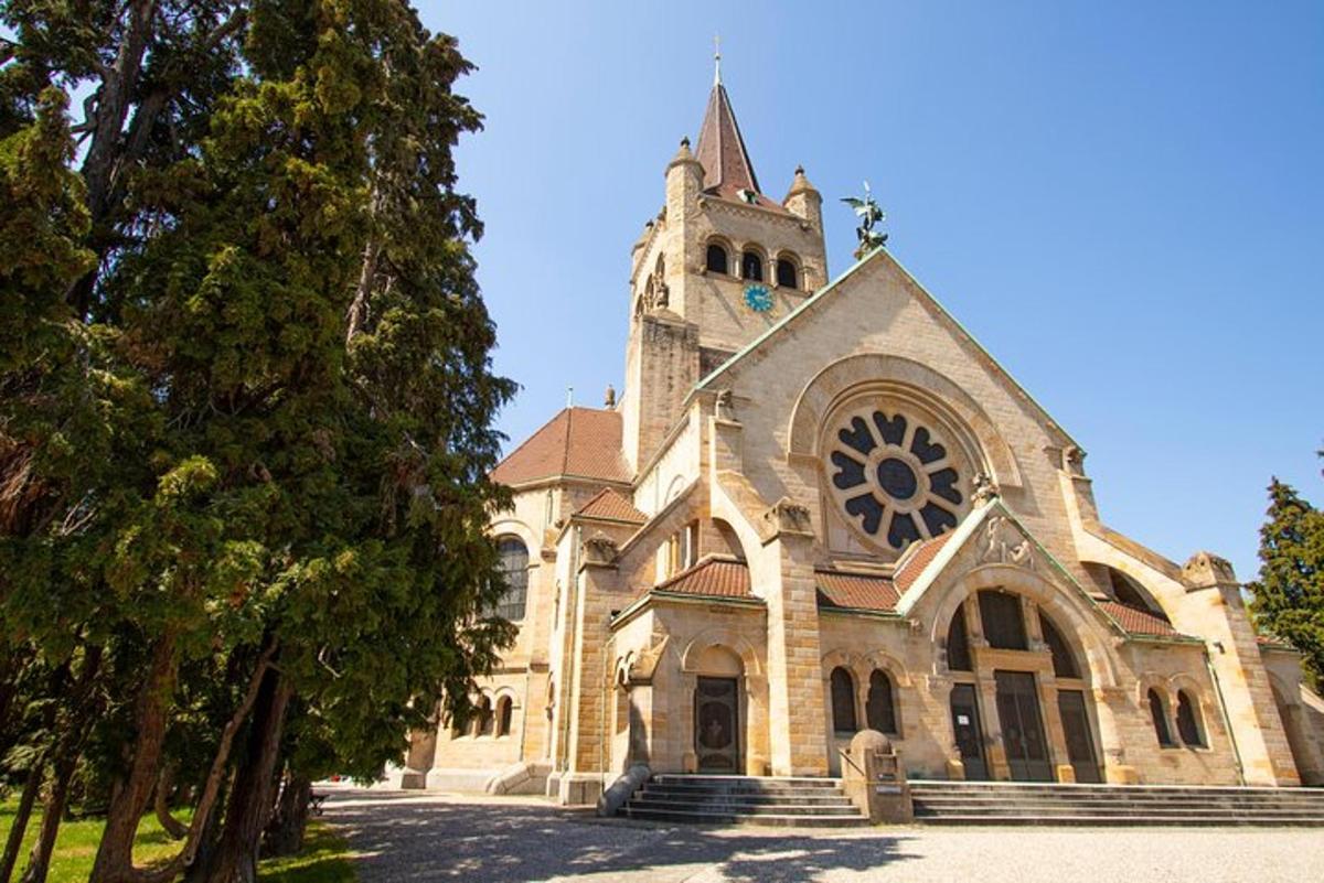 a church with a tower and a clock on it