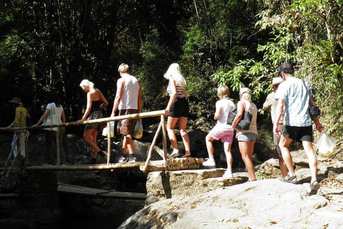 a group of people crossing a bridge over a river